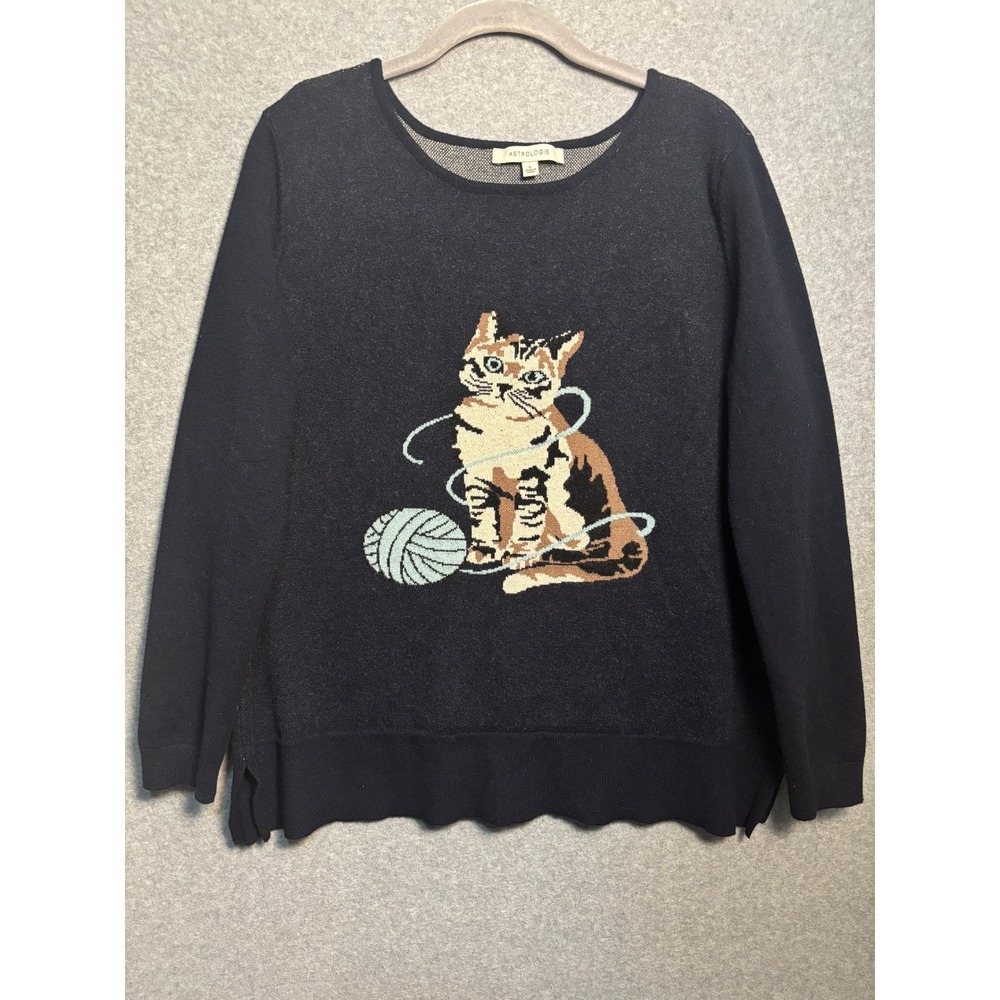 Astrologie Cat Sweater Large Black Knit Kitten Yarn‎ Ball Whimsical Cottagecore